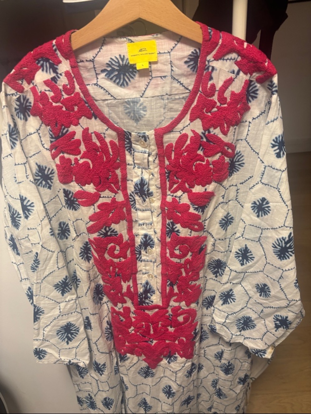 Like new! Roberta Roller Rabbit Red & Blue Embroidered Tunic! Gorgeous! Size L